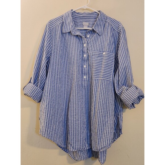 Chico's Size 3(16/18) Blue/White Miced Stripe Seersucker Roll Tab 1/2 Button-Up - Picture 1 of 8